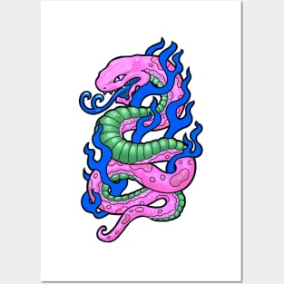 Pink snake with blue flames, in a 90s tattoo style Posters and Art